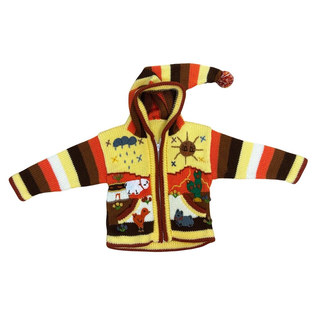 Indian Crafts Baby knit jacket patchwork embroidered hooded western boho Pom